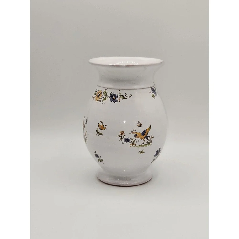 French Faience Style Hand Painted Vase Bird Floral Motif White Glazed‎ Pottery